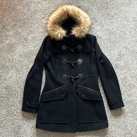 Marc New York, Andrew Marc, black pea coat with fur hood size 2 - Picture 1 of 8